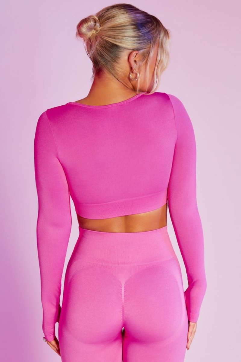 Oh Polly Reignited Seamless Long Sleeve Scoop Neck Crop Top Bo+Tee Tops Pink | RMDO-81907