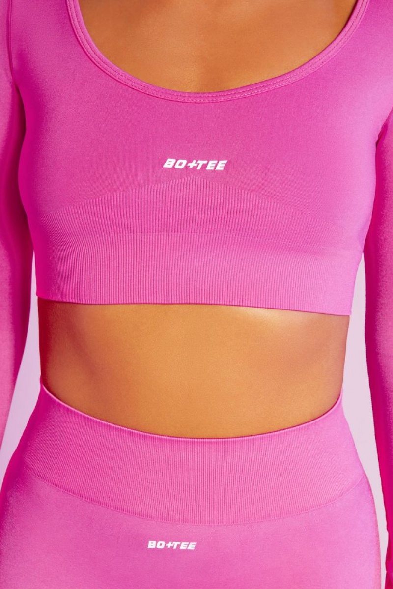 Oh Polly Reignited Seamless Long Sleeve Scoop Neck Crop Top Bo+Tee Tops Pink | RMDO-81907