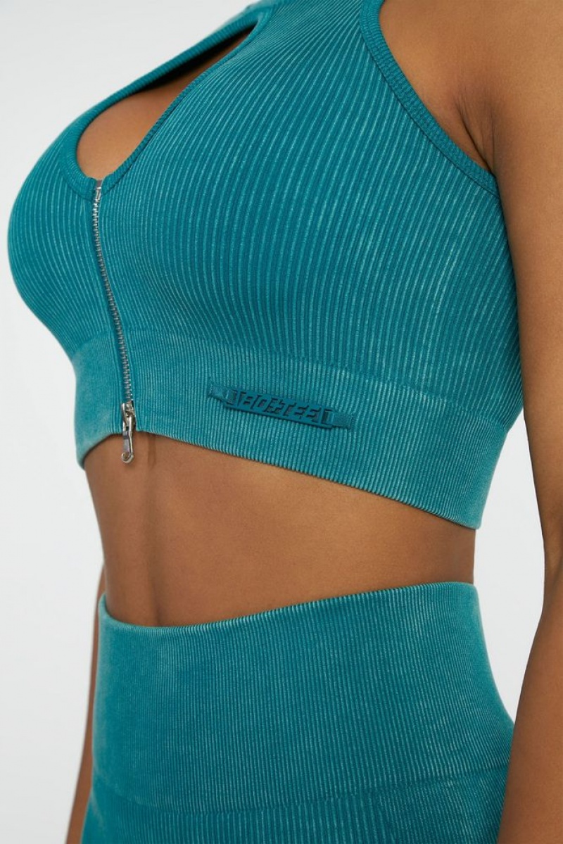 Oh Polly Relay Keyhole Zip Crop Top Bo+Tee Tops Teal | BCNS-65379