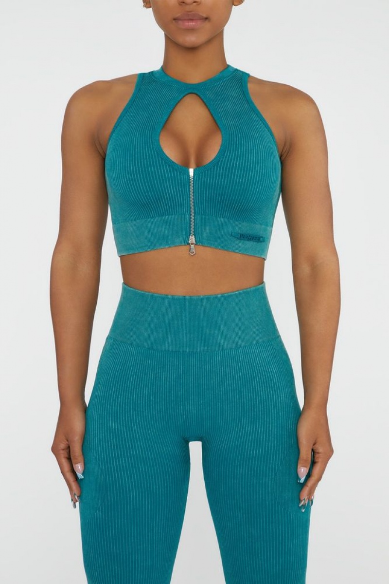 Oh Polly Relay Keyhole Zip Crop Top Bo+Tee Tops Teal | BCNS-65379