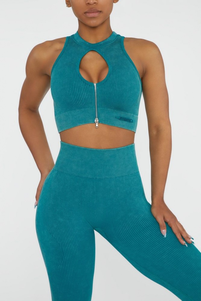 Oh Polly Relay Keyhole Zip Crop Top Bo+Tee Tops Teal | BCNS-65379