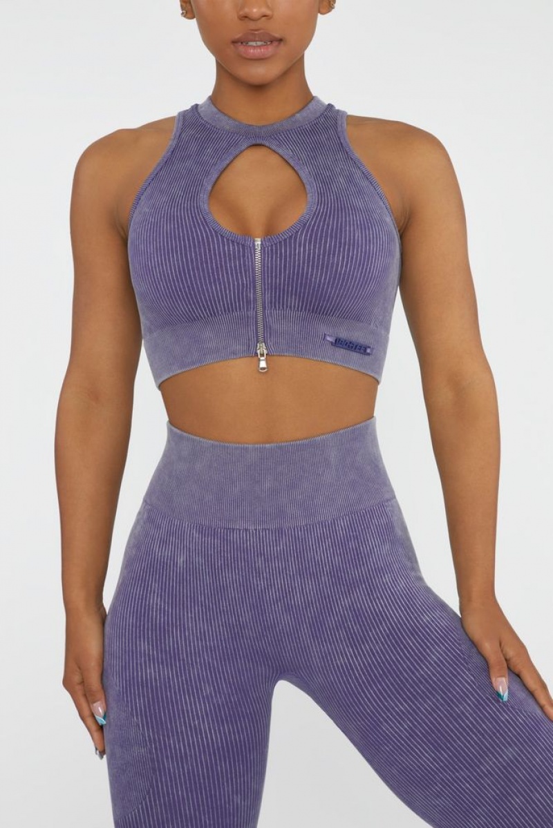 Oh Polly Relay Keyhole Zip Crop Top Bo+Tee Tops Violet | WTEI-74035