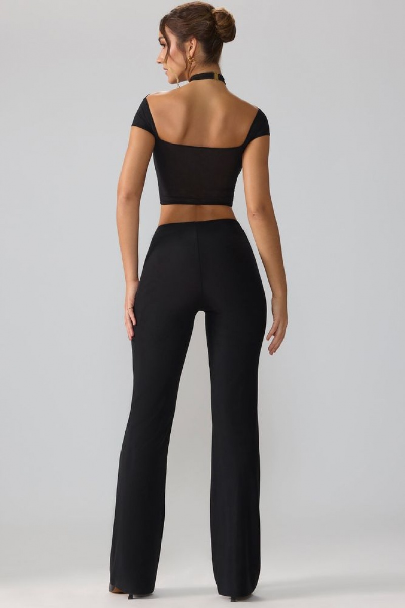 Oh Polly Ridley Mesh Mid Rise Twist Overlay Flare Trousers Women's Trousers Black | MJVH-67043