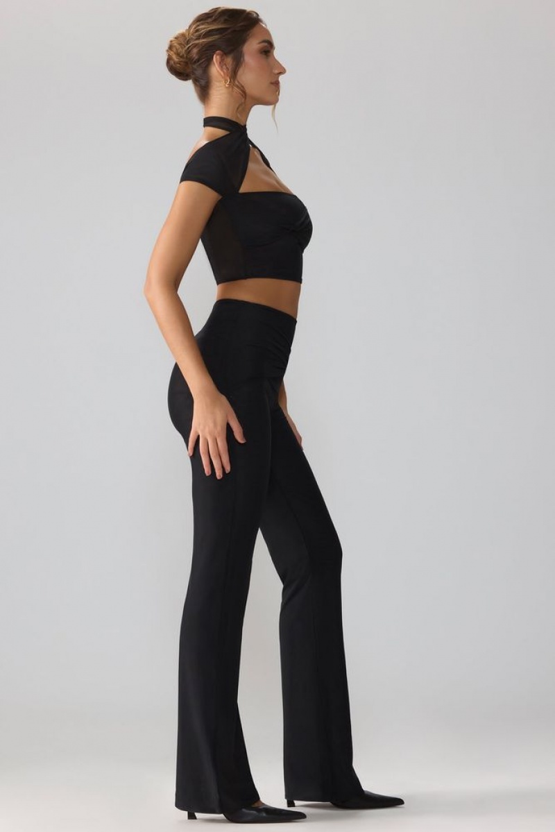 Oh Polly Ridley Mesh Mid Rise Twist Overlay Flare Trousers Women's Trousers Black | MJVH-67043