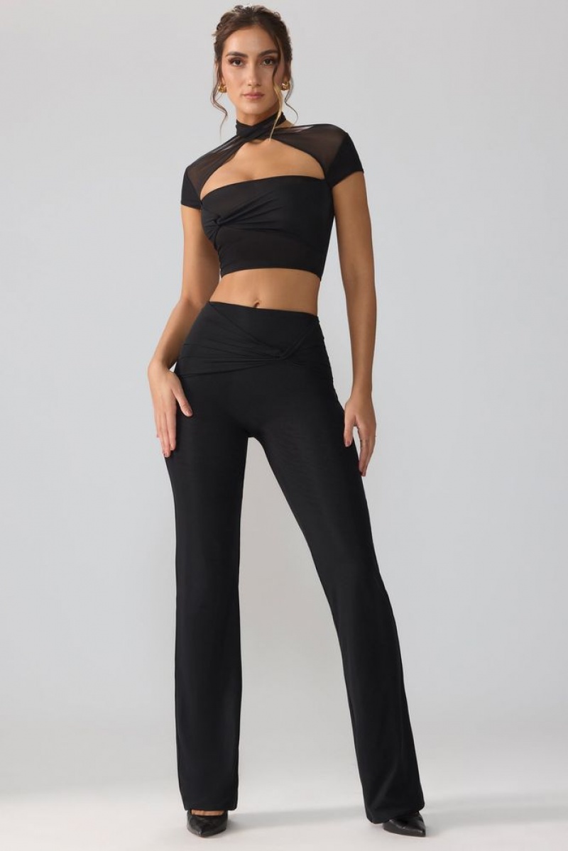 Oh Polly Ridley Mesh Mid Rise Twist Overlay Flare Trousers Women's Trousers Black | MJVH-67043