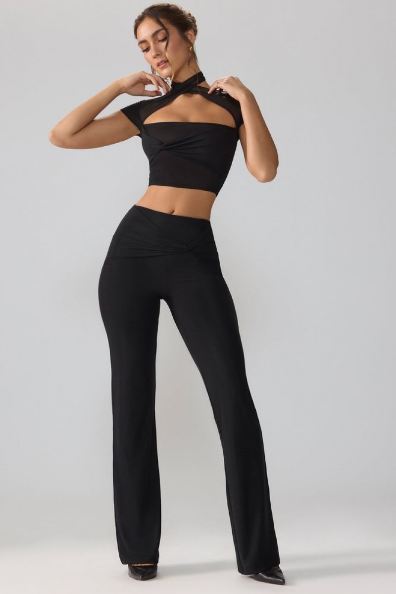 Oh Polly Ridley Mesh Mid Rise Twist Overlay Flare Trousers Women's Trousers Black | MJVH-67043