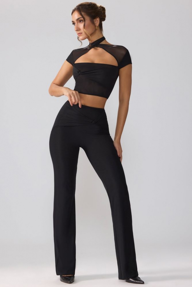 Oh Polly Ridley Mesh Mid Rise Twist Overlay Flare Trousers Women's Trousers Black | MJVH-67043