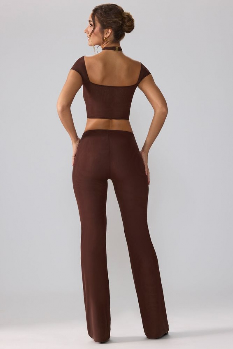 Oh Polly Ridley Mesh Mid Rise Twist Overlay Flare Trousers Women's Trousers Espresso | EYHU-32985