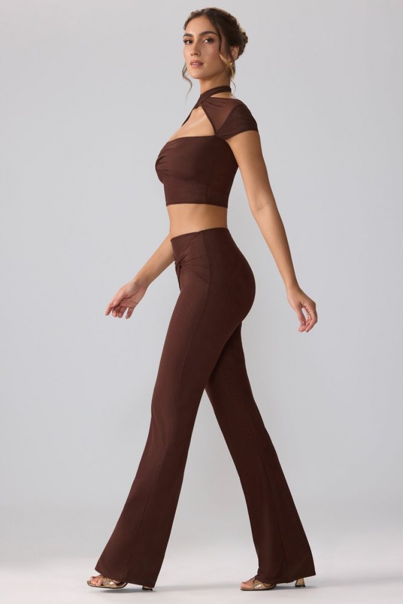 Oh Polly Ridley Mesh Mid Rise Twist Overlay Flare Trousers Women's Trousers Espresso | EYHU-32985