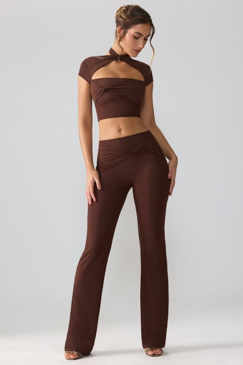 Oh Polly Ridley Mesh Mid Rise Twist Overlay Flare Trousers Women's Trousers Espresso | EYHU-32985