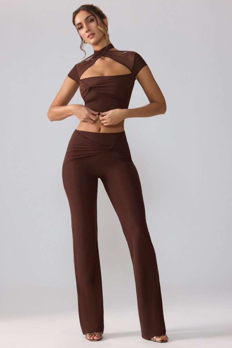 Oh Polly Ridley Mesh Mid Rise Twist Overlay Flare Trousers Women's Trousers Espresso | EYHU-32985