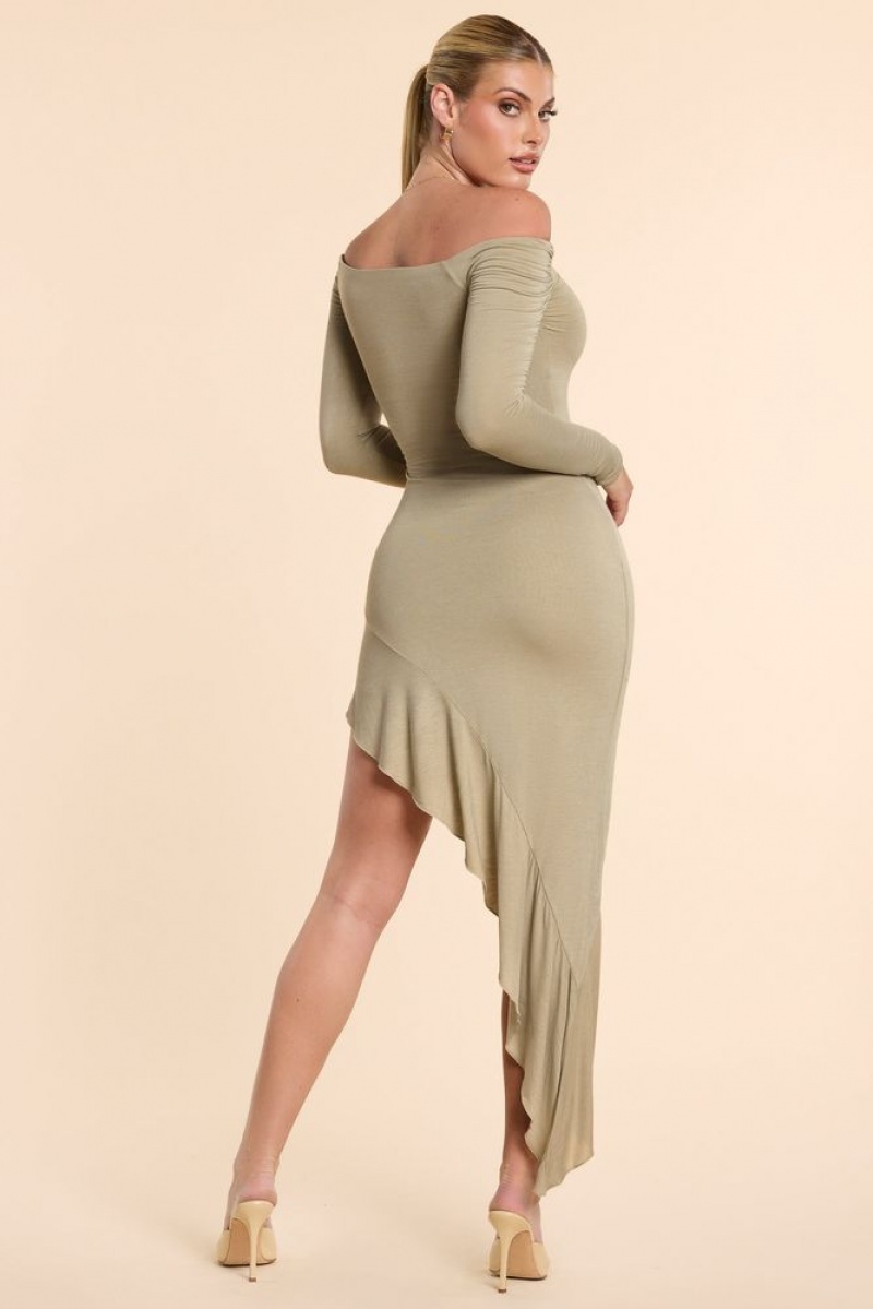 Oh Polly Roxana Long Sleeve Off-The-Shoulder Modal Cashmere Blend Maxi Dress Maxi Dress Taupe | UGFD-95208