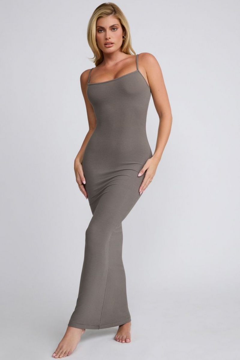 Oh Polly Salma Ribbed Modal Square Neck Maxi Dress Maxi Dress Grey | YSQV-79546