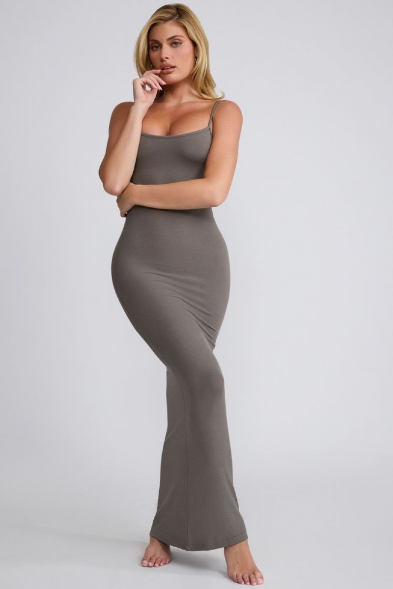 Oh Polly Salma Ribbed Modal Square Neck Maxi Dress Maxi Dress Grey | YSQV-79546