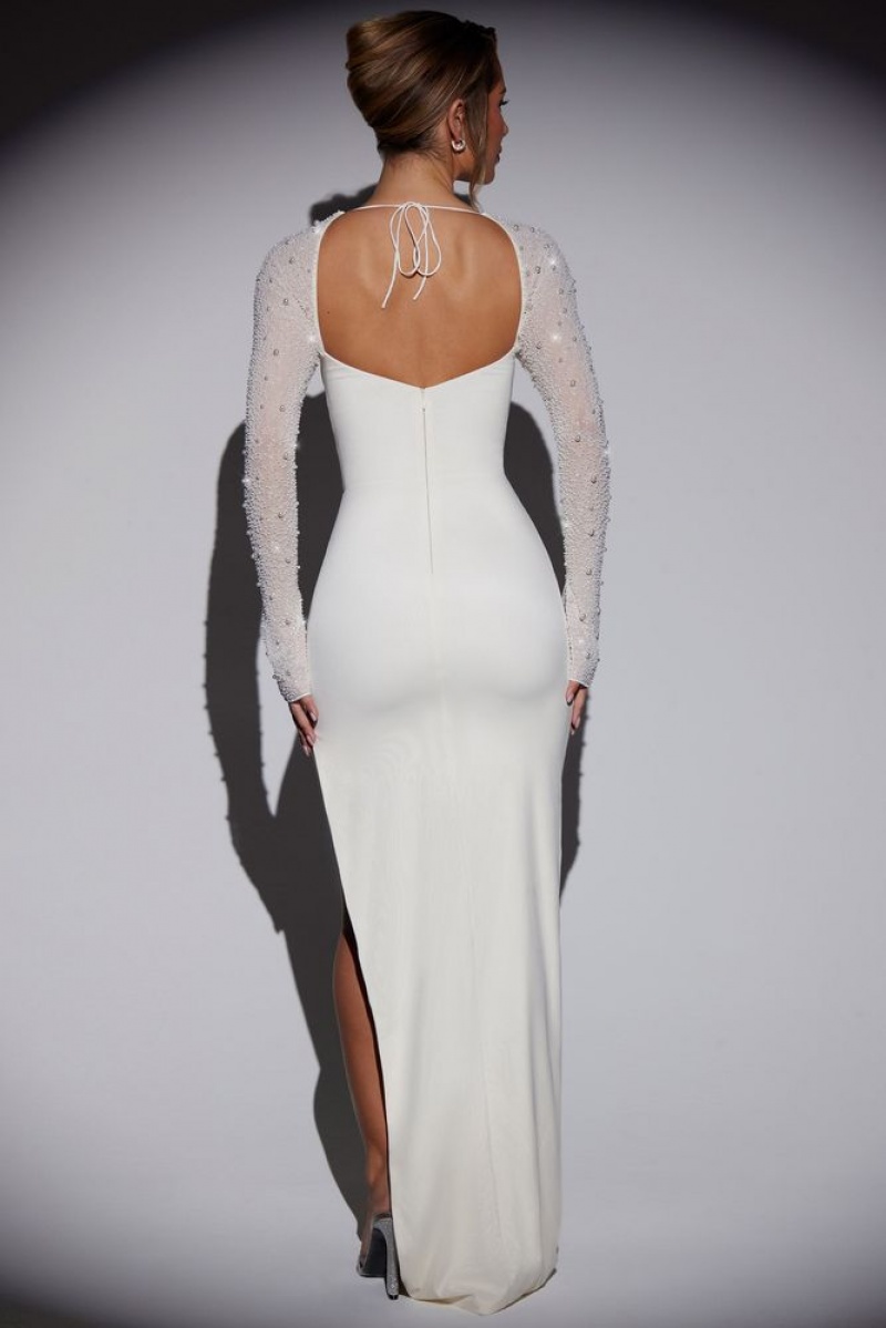 Oh Polly San Marino Embellished Side Split Maxi Dress Maxi Dress White | GYFW-40695