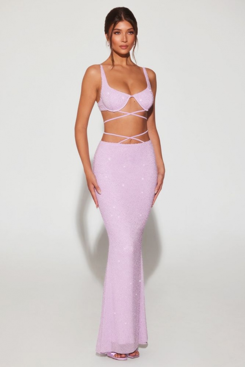 Oh Polly Sardinia Embellished Strappy Maxi Skirt Skirts Lilac | OYDV-14957