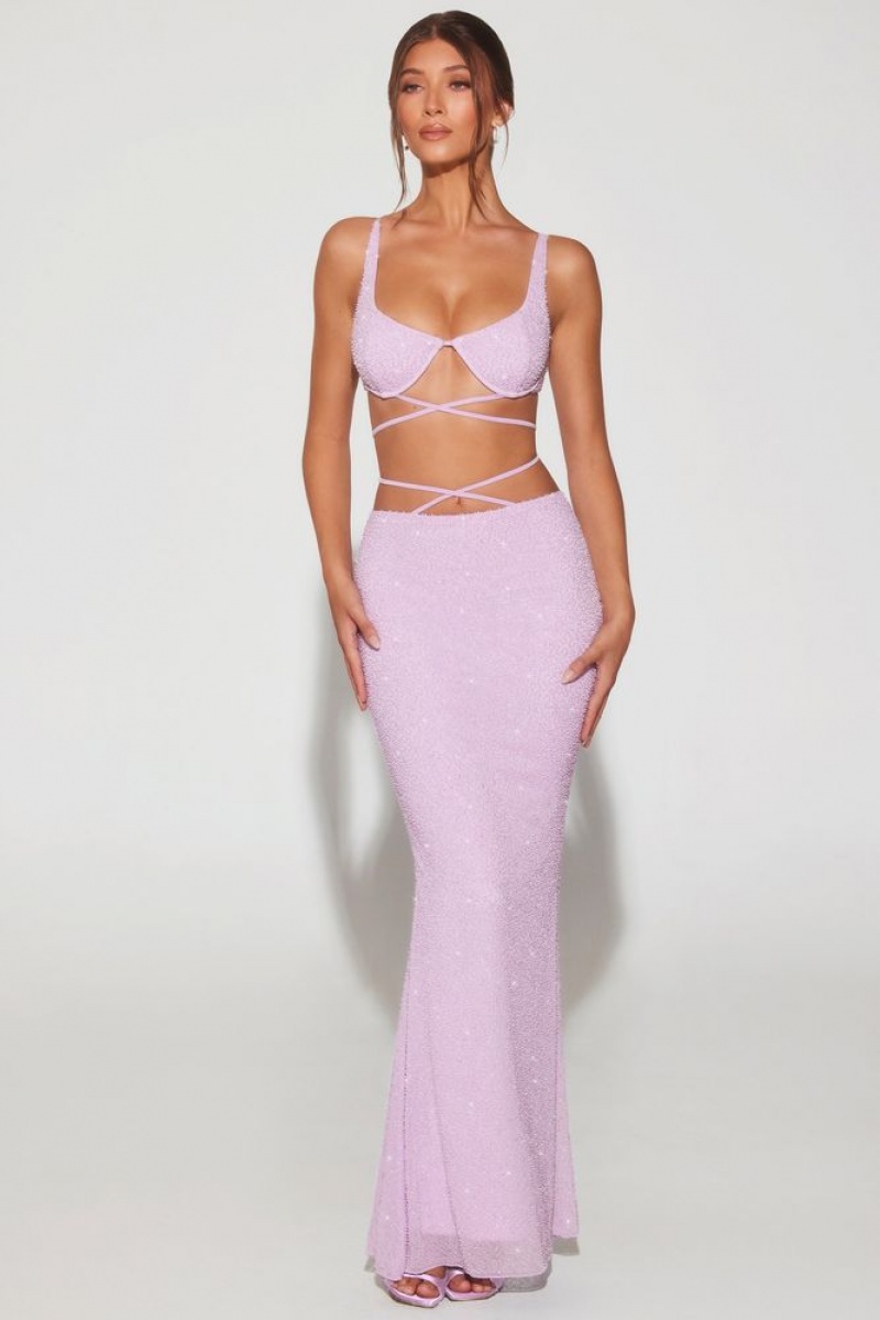 Oh Polly Sardinia Embellished Strappy Maxi Skirt Skirts Lilac | OYDV-14957