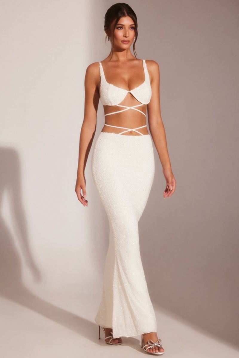 Oh Polly Sardinia Embellished Strappy Maxi Skirt Skirts White | RHWD-18073