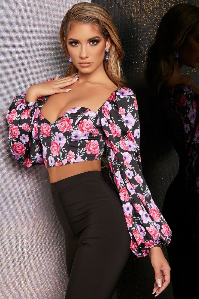 Oh Polly Secret Garden Balloon Sleeve Crop Top Bo+Tee Tops Floral Print | ZCLY-14520