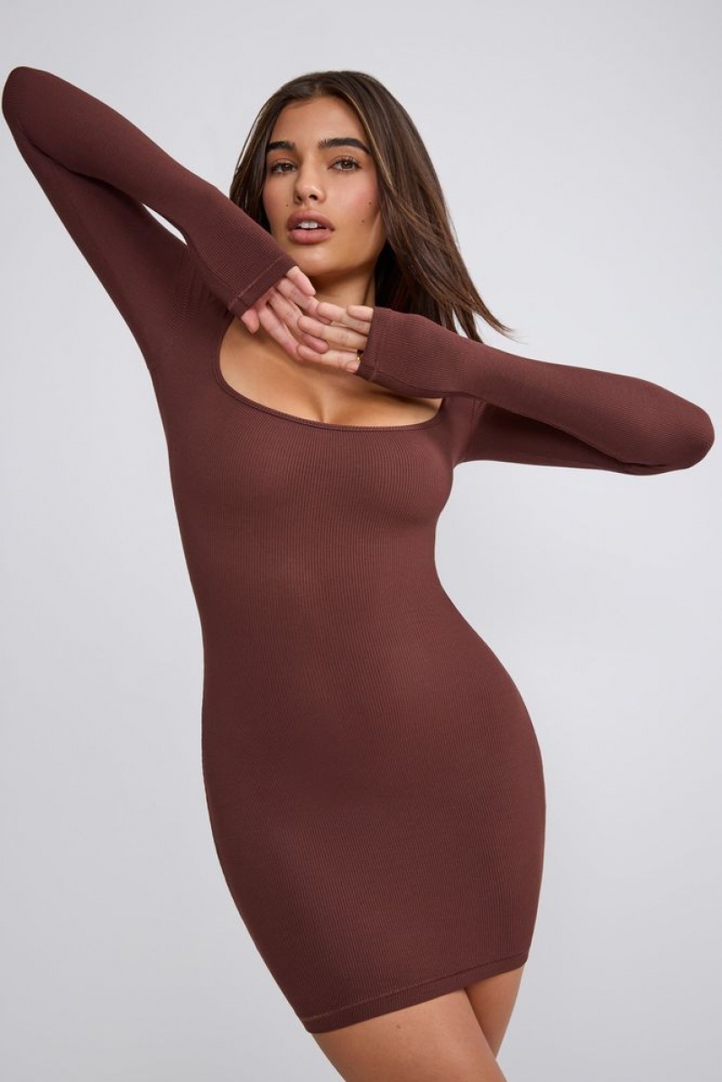 Oh Polly Sherine Ribbed Modal Long Sleeve Mini Dress Mini Dress Chocolate | LONX-28960