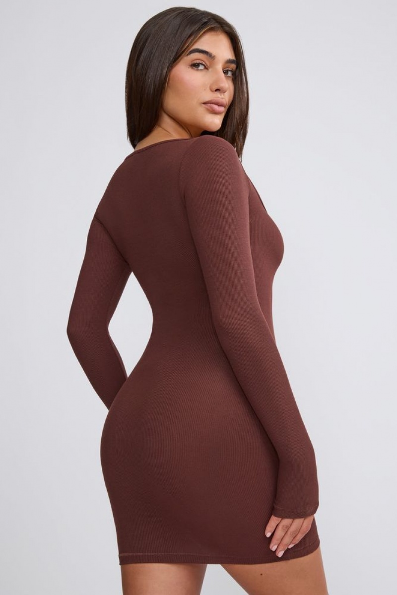 Oh Polly Sherine Ribbed Modal Long Sleeve Mini Dress Mini Dress Chocolate | LONX-28960