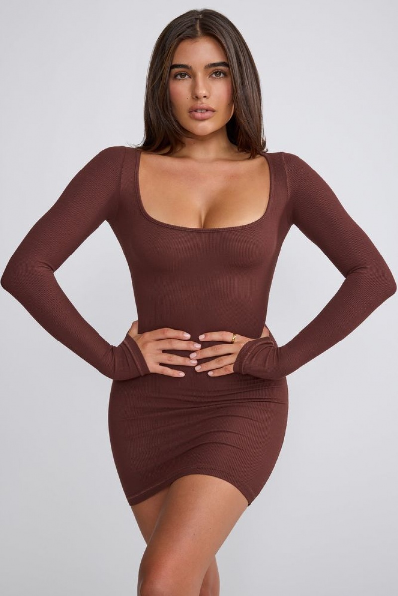 Oh Polly Sherine Ribbed Modal Long Sleeve Mini Dress Mini Dress Chocolate | LONX-28960