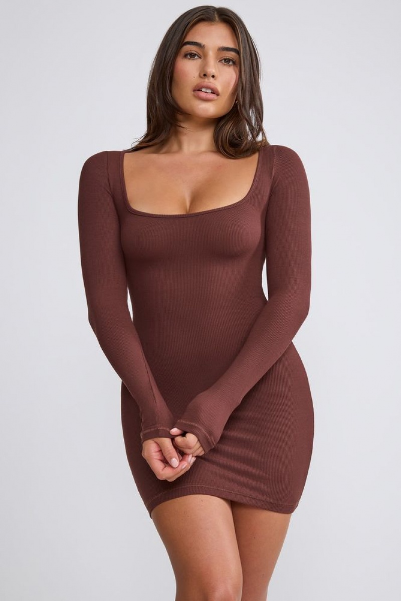 Oh Polly Sherine Ribbed Modal Long Sleeve Mini Dress Mini Dress Chocolate | LONX-28960