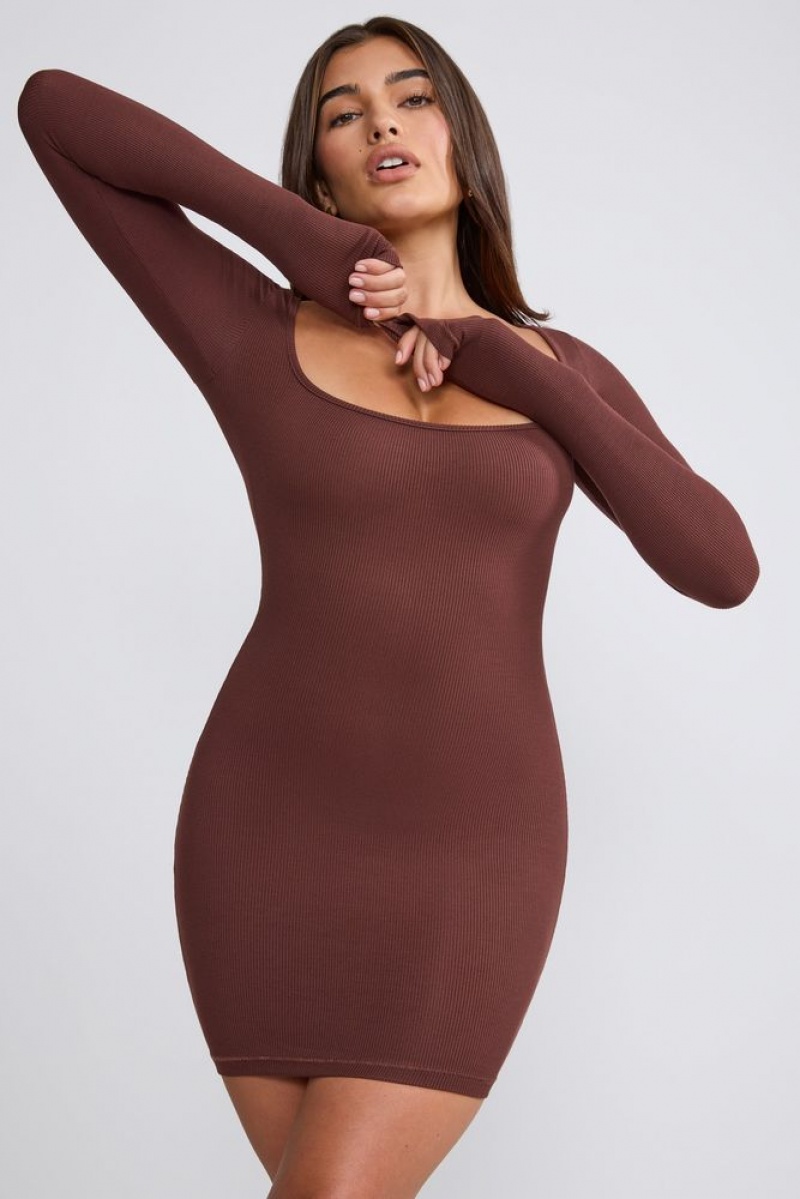 Oh Polly Sherine Ribbed Modal Long Sleeve Mini Dress Mini Dress Chocolate | LONX-28960