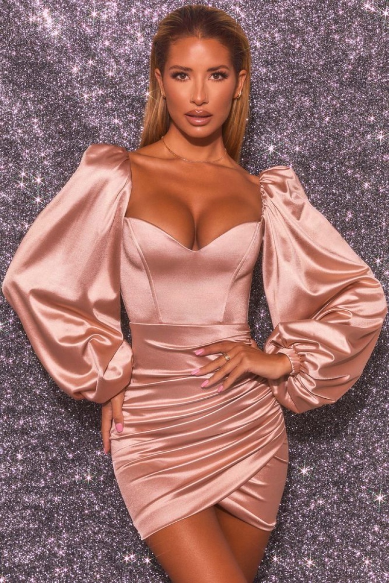 Oh Polly Shining Beauty Long Sleeve Wrap Satin Mini Dress Mini Dress Rose Gold | CQRI-84120