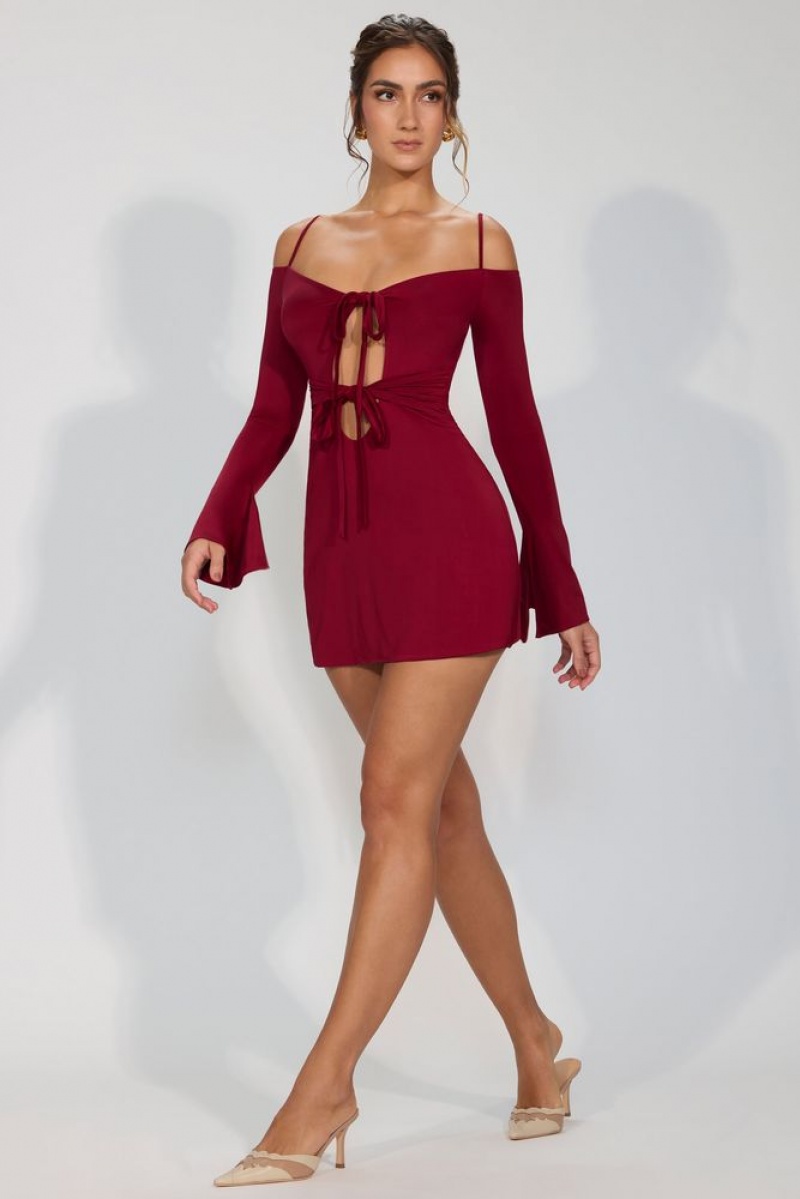 Oh Polly Sidney Slinky Jersey Long Sleeve Cut Out Mini Dress Mini Dress Ruby | PXVF-35147