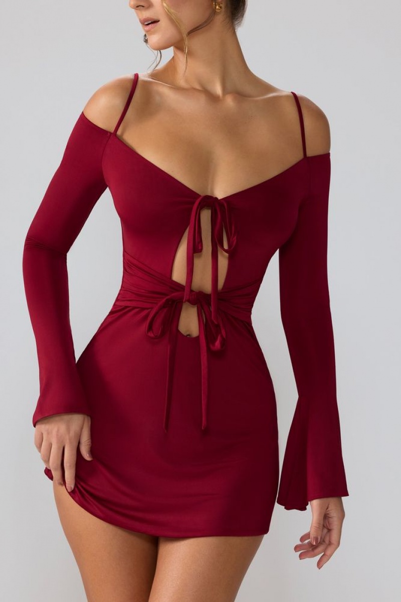 Oh Polly Sidney Slinky Jersey Long Sleeve Cut Out Mini Dress Mini Dress Ruby | PXVF-35147