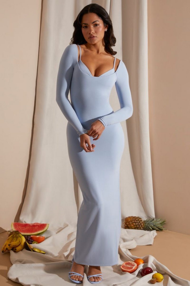 Oh Polly Sierra Long Sleeve Exposed Bra Maxi Dress Maxi Dress Blue | SRYH-32685