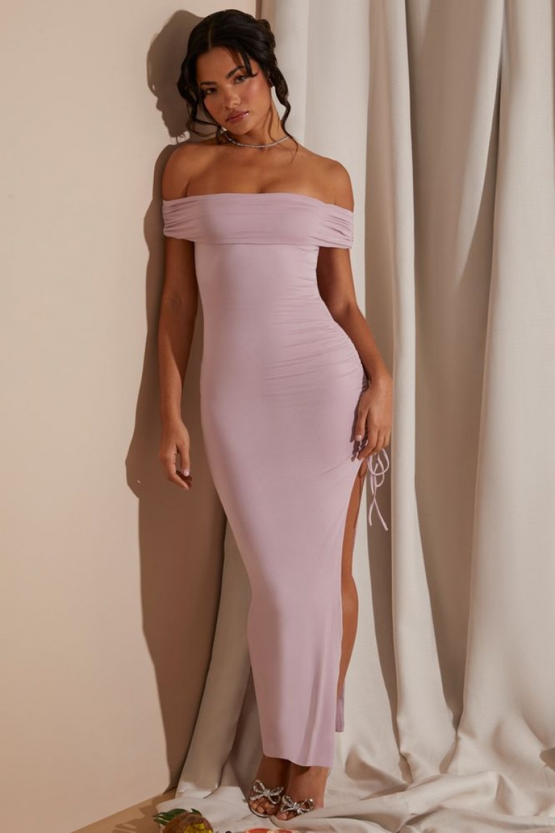 Oh Polly Solange Off The Shoulder High Slit Maxi Dress Maxi Dress Blush | DNIT-32619