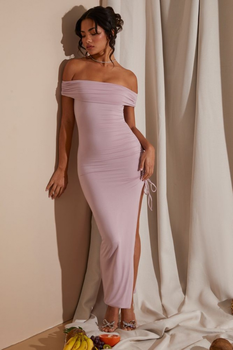 Oh Polly Solange Off The Shoulder High Slit Maxi Dress Maxi Dress Blush | DNIT-32619