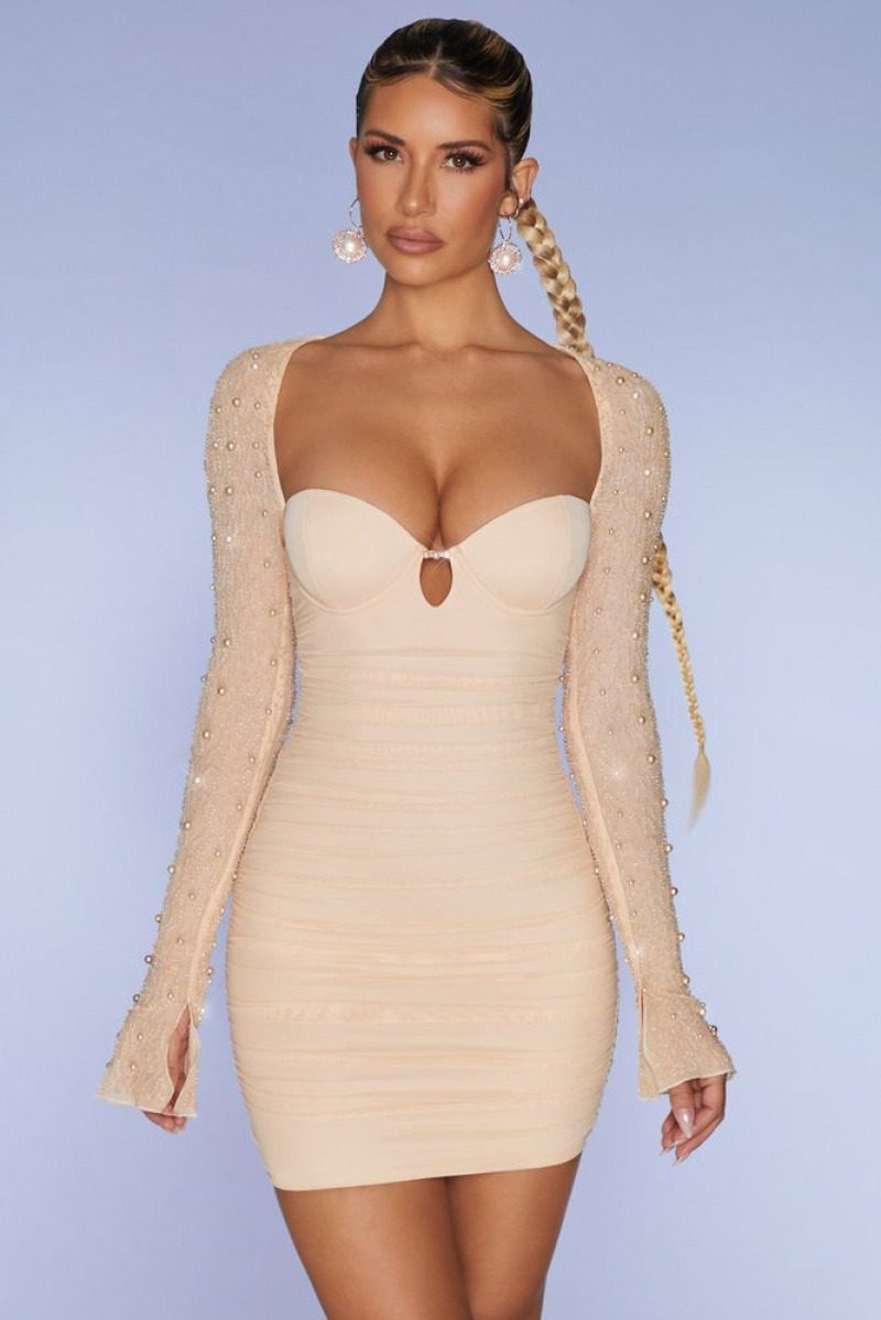 Oh Polly St. Germain Embellished Long Sleeve Mini Dress Mini Dress Sand | EOIF-71680