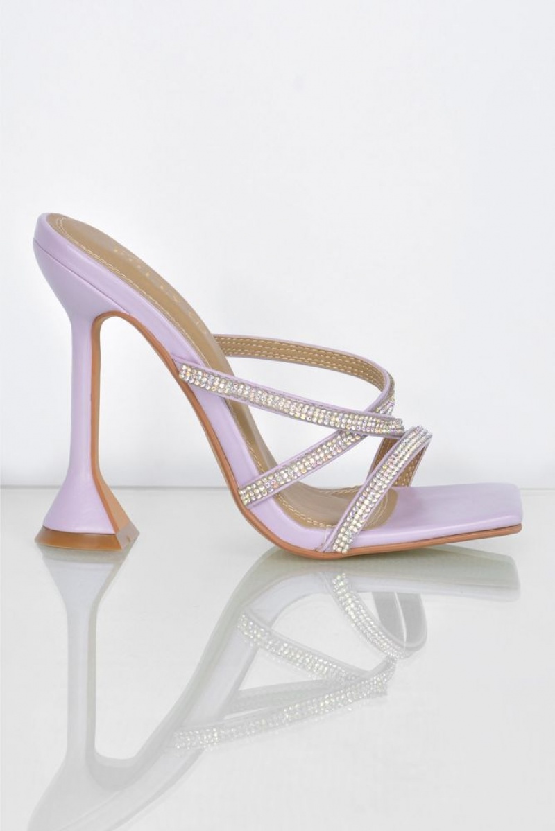 Oh Polly Step Aside Diamante Embellished Mule Heels Shoes Lilac | ZVPS-76091