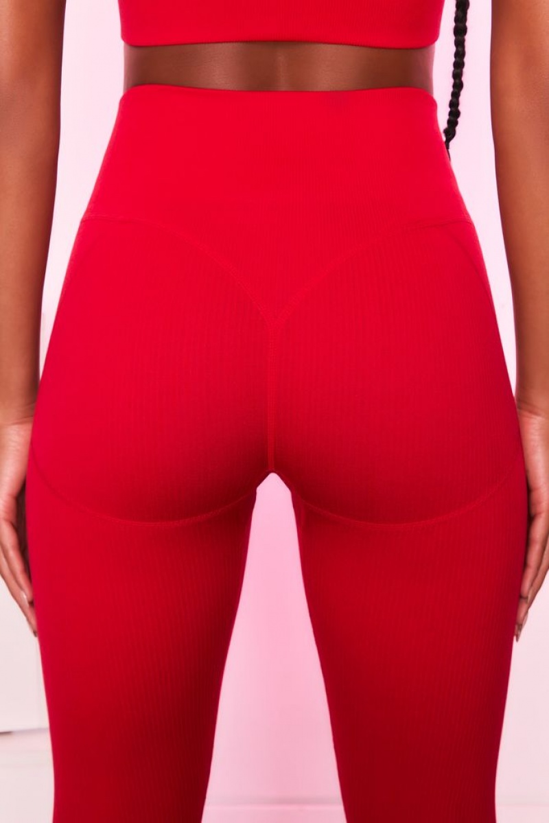 Oh Polly Strong Petite Ribbed Butt Lifting Leggings Leggings Red | PSCH-26870