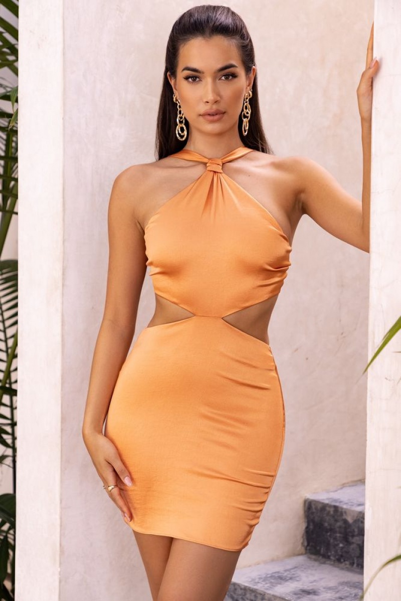 Oh Polly Sunshine Solitude Knot Detail Halter Neck Satin Mini Dress Mini Dress Caramel | ROMB-98370