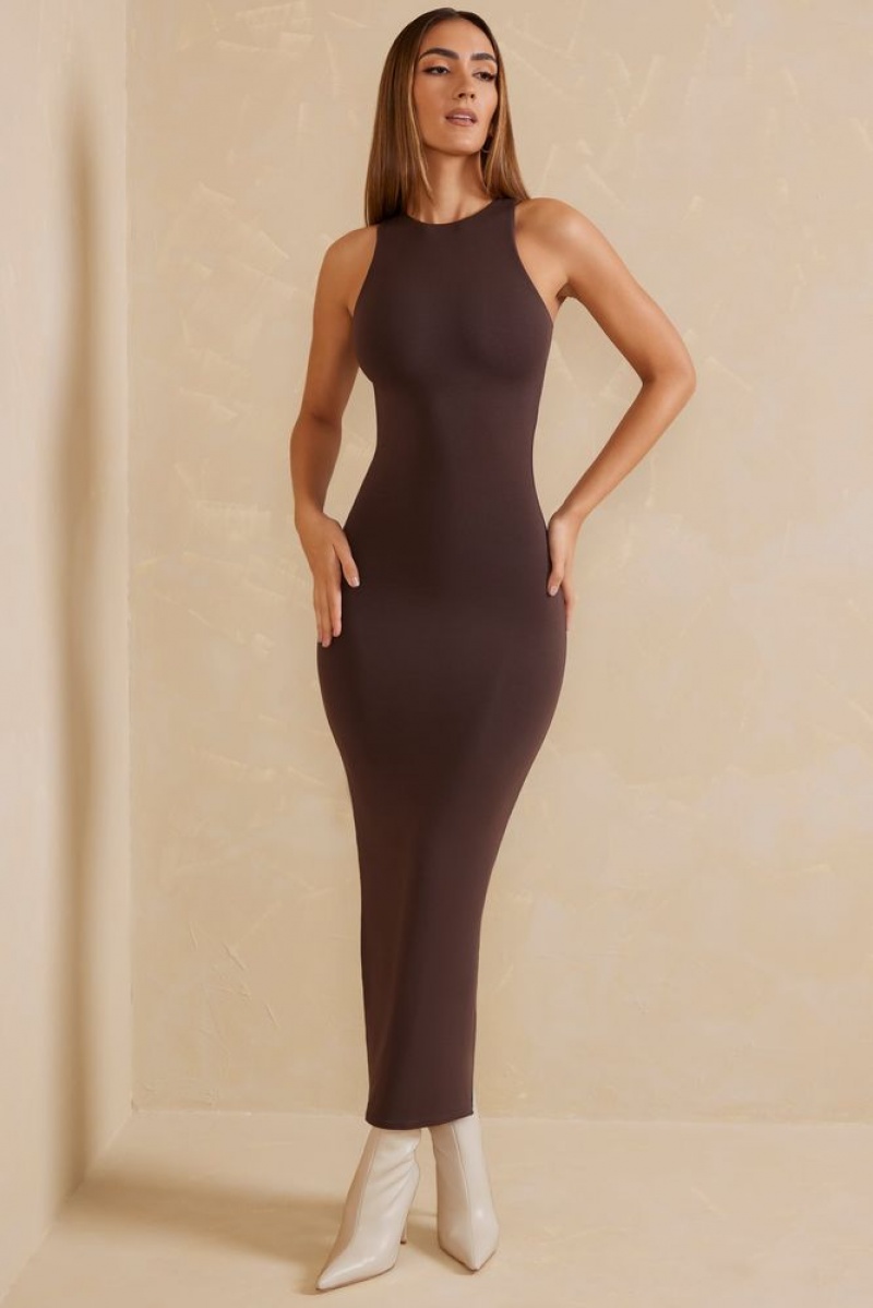 Oh Polly Tidam Open Back Racer Neck Maxi Dress Maxi Dress Chocolate | OYIZ-15980