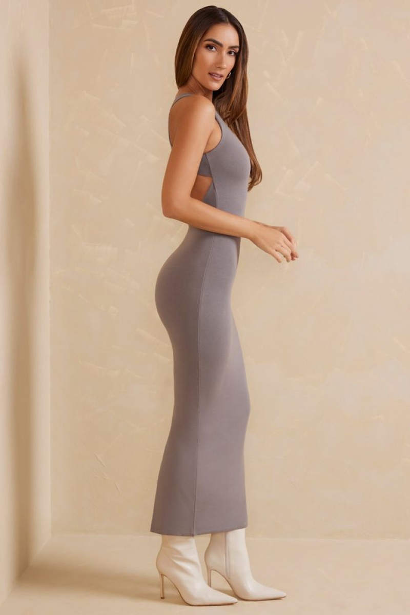 Oh Polly Tidam Open Back Racer Neck Maxi Dress Maxi Dress Grey | NQOG-21943