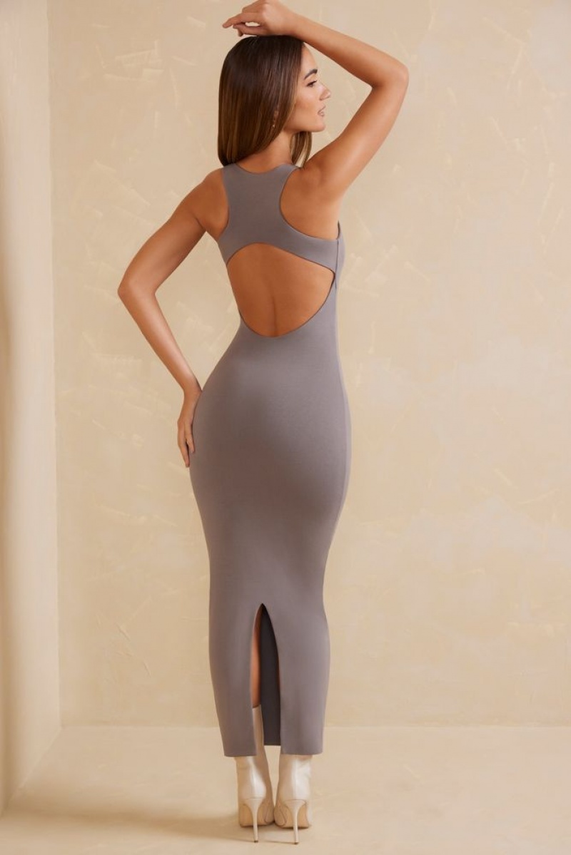 Oh Polly Tidam Open Back Racer Neck Maxi Dress Maxi Dress Grey | NQOG-21943