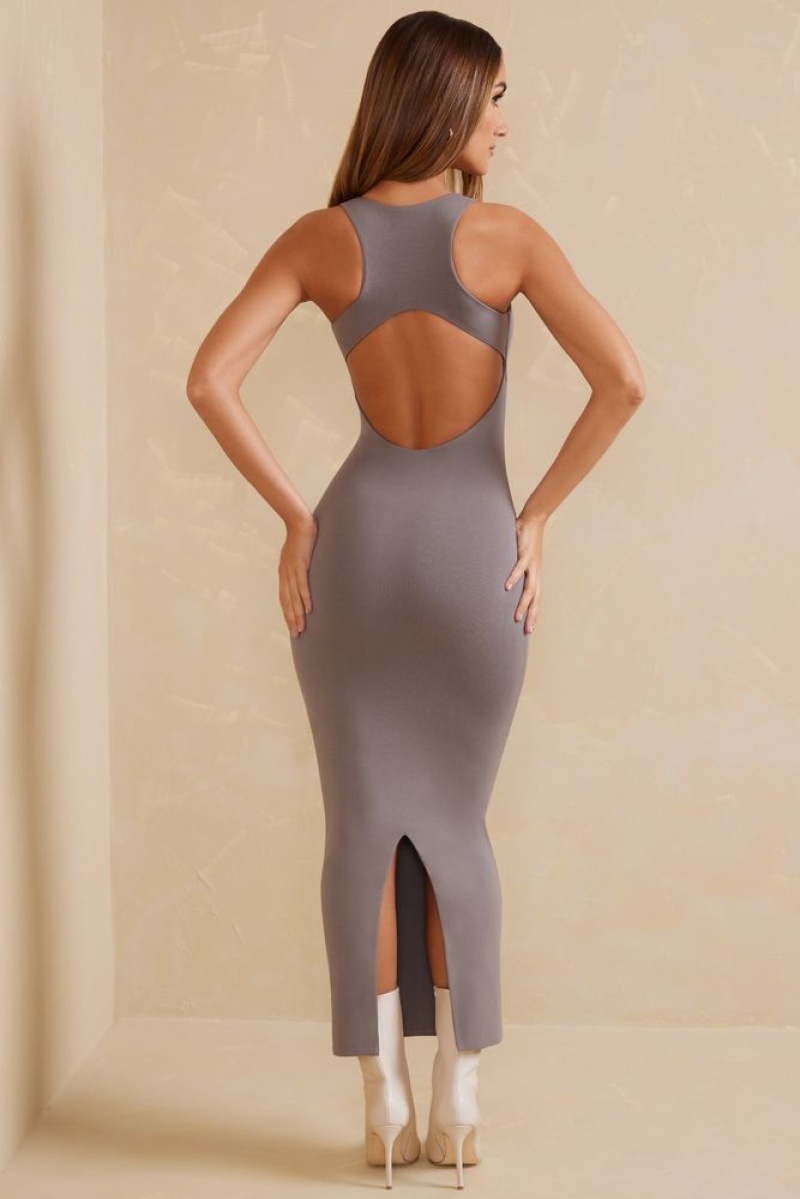 Oh Polly Tidam Open Back Racer Neck Maxi Dress Maxi Dress Grey | NQOG-21943