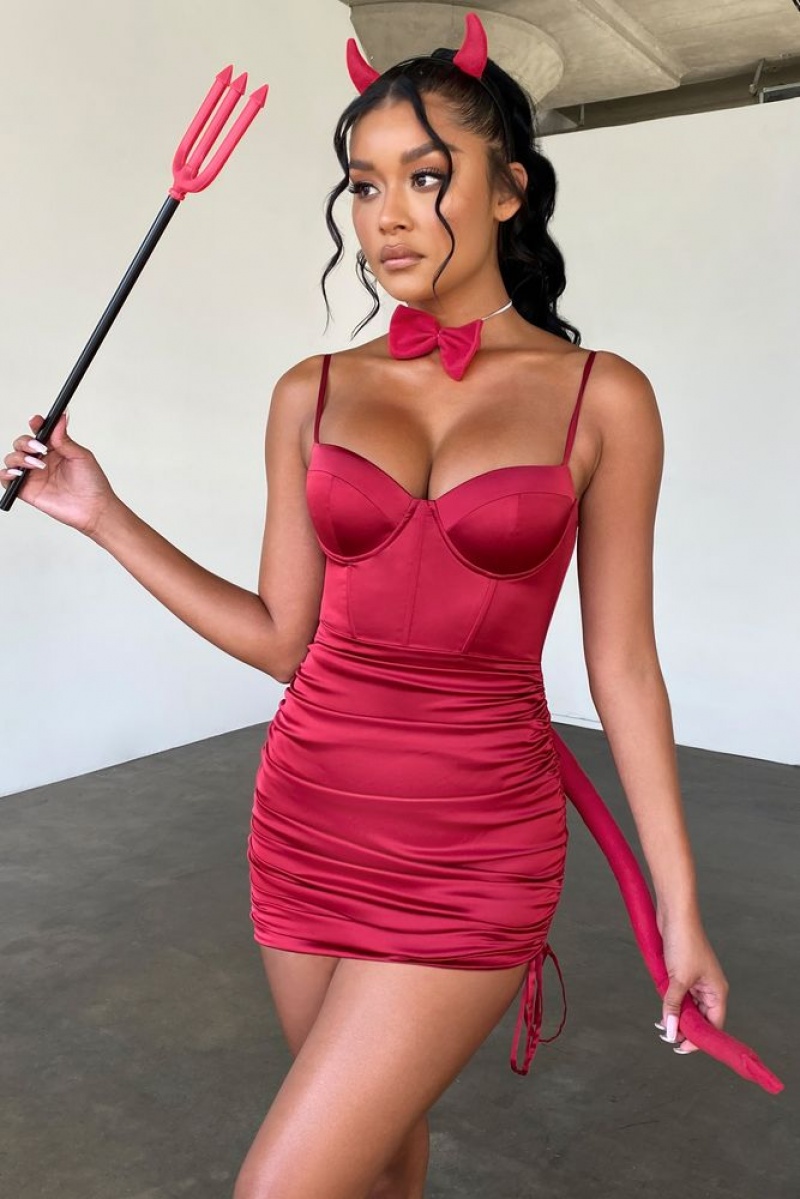 Oh Polly Timeless Romance Ruched Asymmetric Satin Mini Dress Mini Dress Red | QXZT-32416