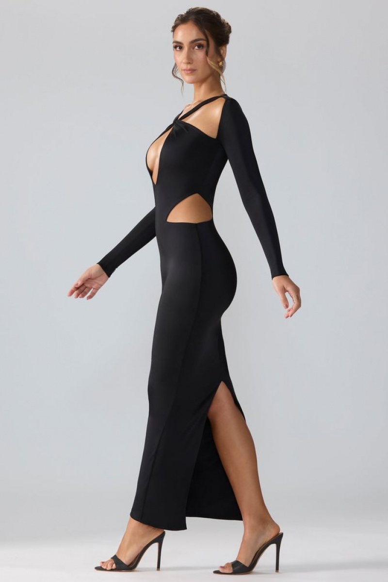 Oh Polly Tindra Premium Jersey Long Sleeve Cut Out Maxi Dress Maxi Dress Black | JPBC-67913