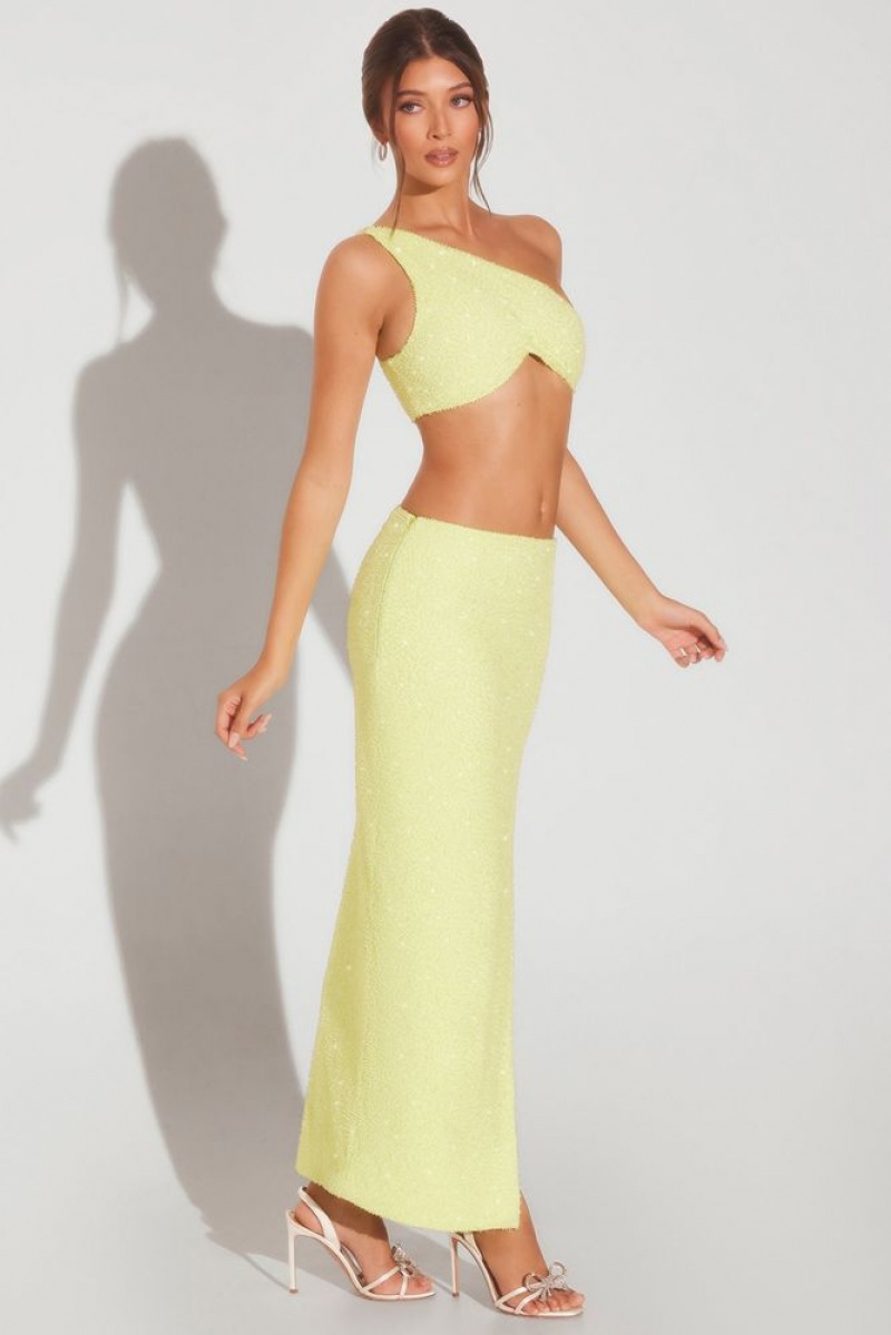 Oh Polly Trieste Embellished Side Split Maxi Skirt Skirts Lime Green | GKRW-52374