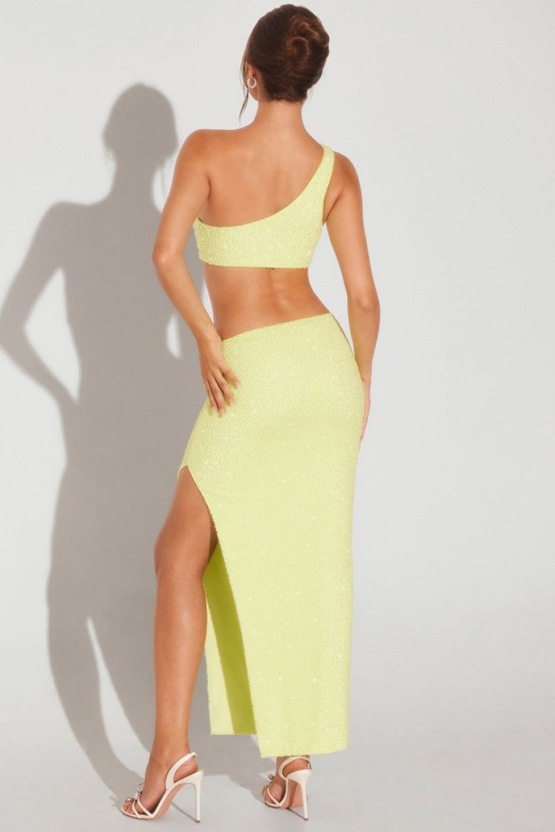 Oh Polly Trieste Embellished Side Split Maxi Skirt Skirts Lime Green | GKRW-52374