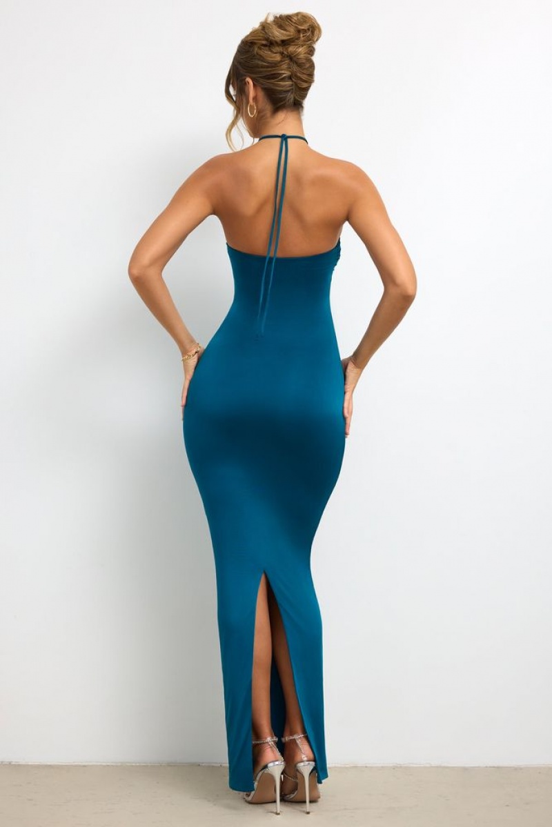 Oh Polly Vasara Slinky Jersey Rose Detail Halter Neck Maxi Dress Maxi Dress Dark Teal | YCSM-21506