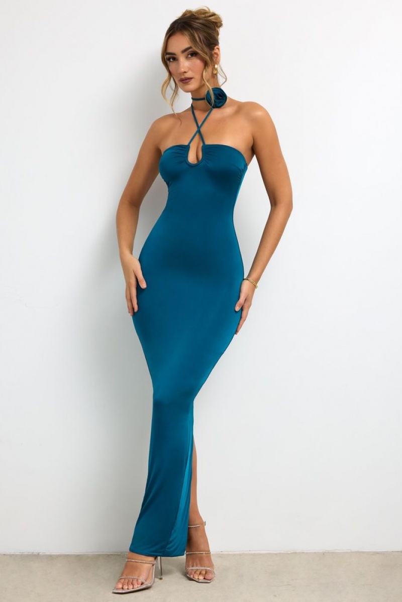 Oh Polly Vasara Slinky Jersey Rose Detail Halter Neck Maxi Dress Maxi Dress Dark Teal | YCSM-21506