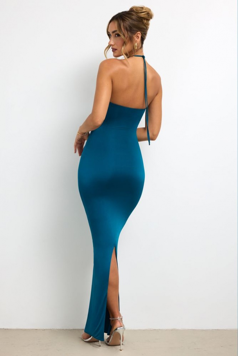 Oh Polly Vasara Slinky Jersey Rose Detail Halter Neck Maxi Dress Maxi Dress Dark Teal | YCSM-21506