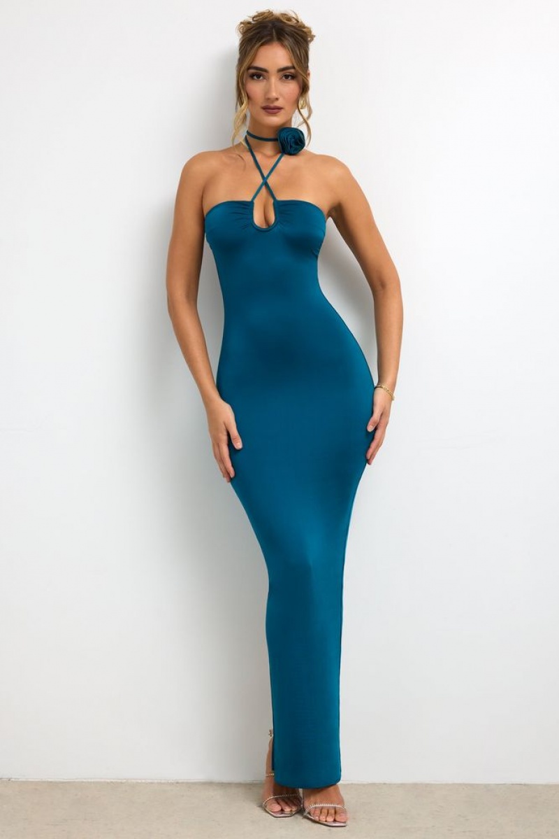 Oh Polly Vasara Slinky Jersey Rose Detail Halter Neck Maxi Dress Maxi Dress Dark Teal | YCSM-21506